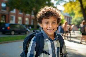 uma feliz criança dentro Preto caminhando para dentro escola foto