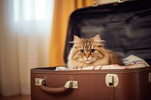 a gato é sentado dentro uma mala de viagem para viajando. generativo ai tecnologia. foto