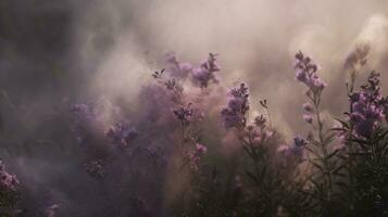 generativo ai, fechar acima crescendo lavanda campo com perfume fumaça, floração lavandula, Rosa roxa flores e grama. foto