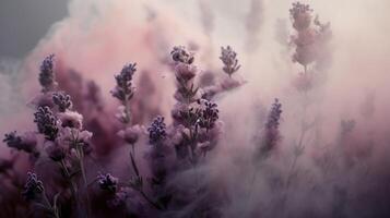 generativo ai, fechar acima crescendo lavanda campo com perfume fumaça, floração lavandula, Rosa roxa flores e grama. foto