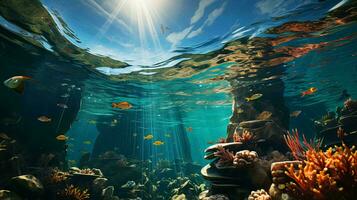 embaixo da agua mundo com peixe e corais. embaixo da agua Visão do mari peixes e plantas. ai gerado foto