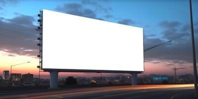 generativo ai, realista rua grande Painel publicitário zombar acima em branco para apresentação anúncio. ao ar livre placa em branco dentro a futurista cidade, o negócio conceito foto