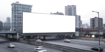 generativo ai, realista rua grande Painel publicitário zombar acima em branco para apresentação anúncio. ao ar livre placa em branco dentro a futurista cidade, o negócio conceito. foto