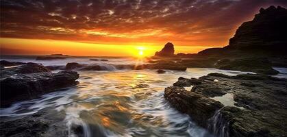 mar natural panorama com pôr do sol, generativo ai foto
