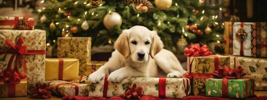 alegre cachorro labrador senta contra Natal fundo. a cachorro labrador é esperando para uma festivo celebração às lar. bandeira. generativo ai foto