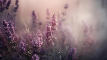 generativo ai, fechar acima crescendo lavanda campo com perfume fumaça, floração lavandula, Rosa roxa flores e grama. foto