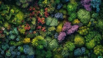 generativo ai, verde floresta decorativo estábulo musgo com exuberante diferente cores árvores, suculentos Como fundo foto