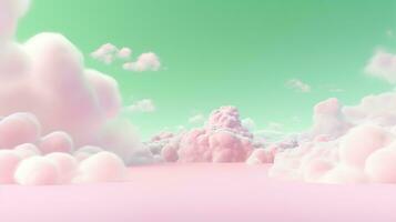 generativo ai, Rosa e verde fantástico 3d nuvens em a chão, céu e panorama. □ Gentil cores e com brilhante luzes. foto