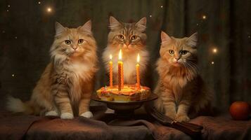 generativo ai, gato aniversário festa, bolo com uma velas foto