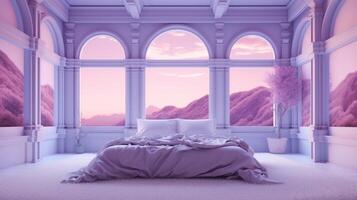 generativo ai, fantasia roxa relaxar quarto com sonhadores cama, arco, janelas e lindo panorama com nuvens. quarto dentro calma lavanda e tolet cores. foto