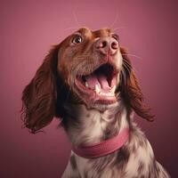 generativo ai, retrato do uma feliz cachorro olhando às a Câmera com boca aberto em Rosa fundo foto