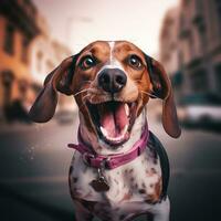 generativo ai, retrato do uma feliz cachorro olhando às a Câmera com boca aberto em Rosa fundo foto