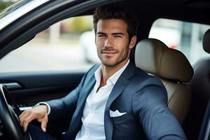atraente elegante feliz homem dentro Boa carro. ai gerado foto