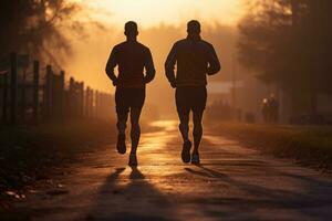 fechadas acima homens a partir de atrás corrida em manhã raio do claro. ai gerado foto