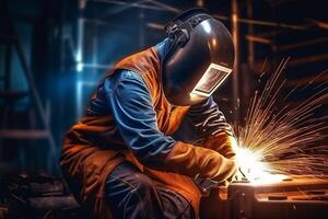 uma homem soldador dentro Castanho uniforme, Soldagem mascarar, soldar metal construção local. ai gerado foto