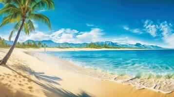 ilustração imagem, de praia cena com claro como cristal turquesa águas, pulverulento branco areia, Palma folhas, espumante ondas e azul ensolarado céu, com cópia de espaço, generativo ai ilustração foto