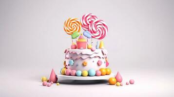 3d ilustração do fofa aniversário bolo, doce bolo para uma surpresa aniversário, para aniversário e celebração ,mãe dia, namorados dia, doce comida, Bolinho, generativo ai ilustração foto