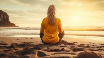 mulheres meditar, ioga. psíquico mulheres considera mente e coração. espiritualidade, esoterismo, com bokeh desfocado luzes. universo, generativo ai ilustração foto