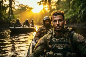 brasileiro exército dentro uma rio patrulha dentro a Amazonas foto com esvaziar espaço para texto