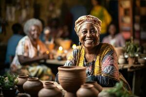 idosos africano mulher ensino uma cerâmica classe foto com esvaziar espaço para texto