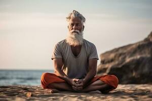 velho maduro homem fazendo ioga em a de praia foto com esvaziar espaço para texto
