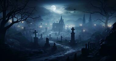 noite cena dentro uma cemitério com lápides foto