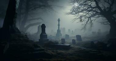 noite cena dentro uma cemitério com lápides foto