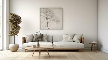 simples vivo quarto com cinzento sofás e parede prateleiras foto