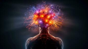 cabeça do pessoa e neural rede do cérebro com uma problemático áreas, psíquico ondas conceito, generativo ai ilustração foto
