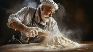 generativo ai, velho homem mãos do padeiro dentro restaurante ou casa cozinha, prepara ecologicamente natural pastelaria. foto