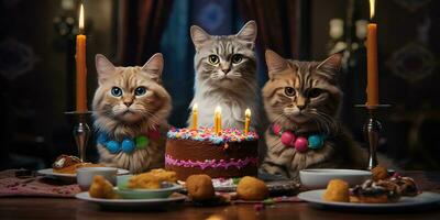 generativo ai, gato aniversário festa, bolo com uma velas foto