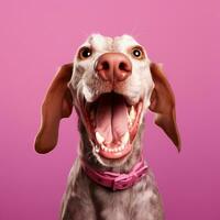 generativo ai, retrato do uma feliz cachorro olhando às a Câmera com boca aberto em Rosa fundo foto