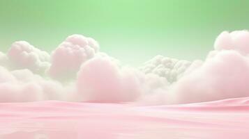 generativo ai, Rosa e verde fantástico 3d nuvens em a chão, céu e panorama. □ Gentil cores e com brilhante luzes. foto