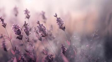 generativo ai, fechar acima crescendo lavanda campo com perfume fumaça, floração lavandula, Rosa roxa flores e grama. foto