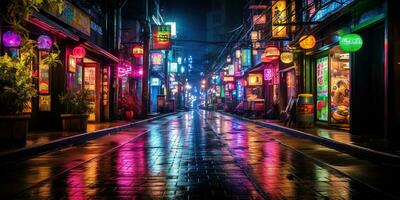 generativo ai, noite cena do grande cidade dentro cyberpunk estilo, futurista nostálgico anos 80, anos 90. néon luzes vibrante cores, fotorrealista horizontal ilustração foto