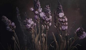 generativo ai, fechar acima do florescendo canteiros de flores do surpreendente lavanda roxa flores em Sombrio temperamental floral texturizado fundo. fotorrealista efeito.. foto