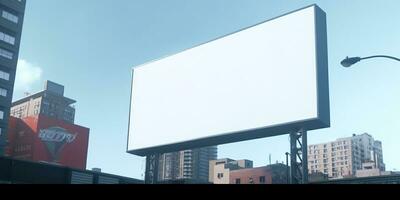 generativo ai, realista rua grande Painel publicitário zombar acima em branco para apresentação anúncio. ao ar livre placa em branco dentro a futurista cidade, o negócio conceito. foto