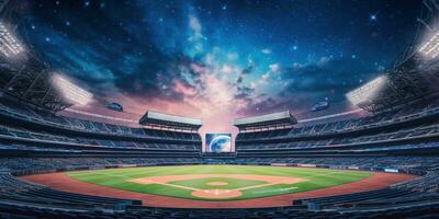 generativo ai, profissional beisebol grande estádio, moderno público esporte prédio, arena dentro noite foto