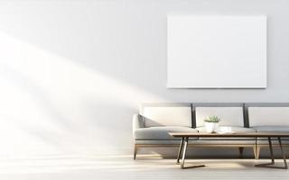 Renderização 3D de simulação de design de interiores para sala de estar com moldura na parede branca