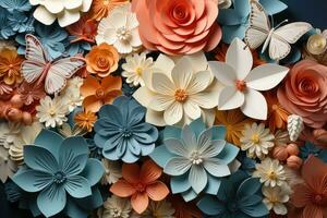 origami papel flores com borboletas. generativo ai foto