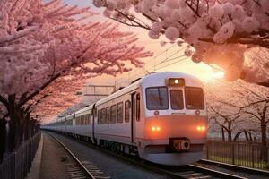 estrada de ferro dentro Pequim, China, trem perto cereja flores dentro Primavera foto