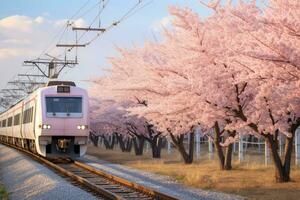 estrada de ferro dentro Pequim, China, trem perto cereja flores dentro Primavera foto