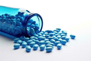 azul pílulas com garrafa em branco fundo. remédio pílulas, digital ai. foto