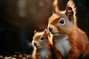 vermelho esquilo com bebê dentro a floresta foto