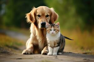 retriever cachorro com uma gato. lindo adorável animais de estimação. foto