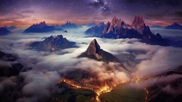 panorama com alpino montanha vale e estrelado céu, dolomitas, Itália. generativo ai foto