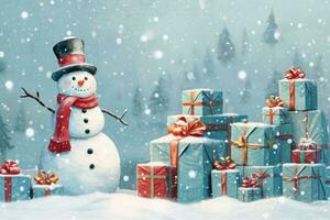 Natal presente caixas em neve com boneco de neve. generativo ai foto