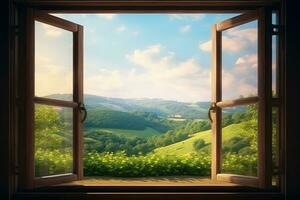 Visão a partir de a janela do a lindo verde panorama. generativo ai foto
