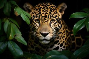 cabeça do uma jaguar entre a folhas dentro a selva, Panthera onca. foto
