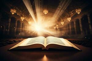 aberto piedosos Bíblia livro com brilhando luzes dentro Igreja foto